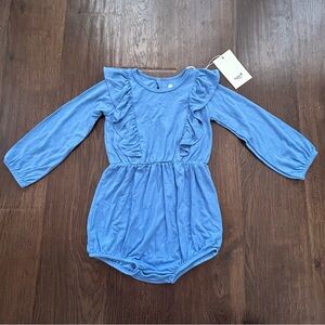Kyte Long Sleeve Bubble Romper with Ruffles in Light Blue 3T & 4T